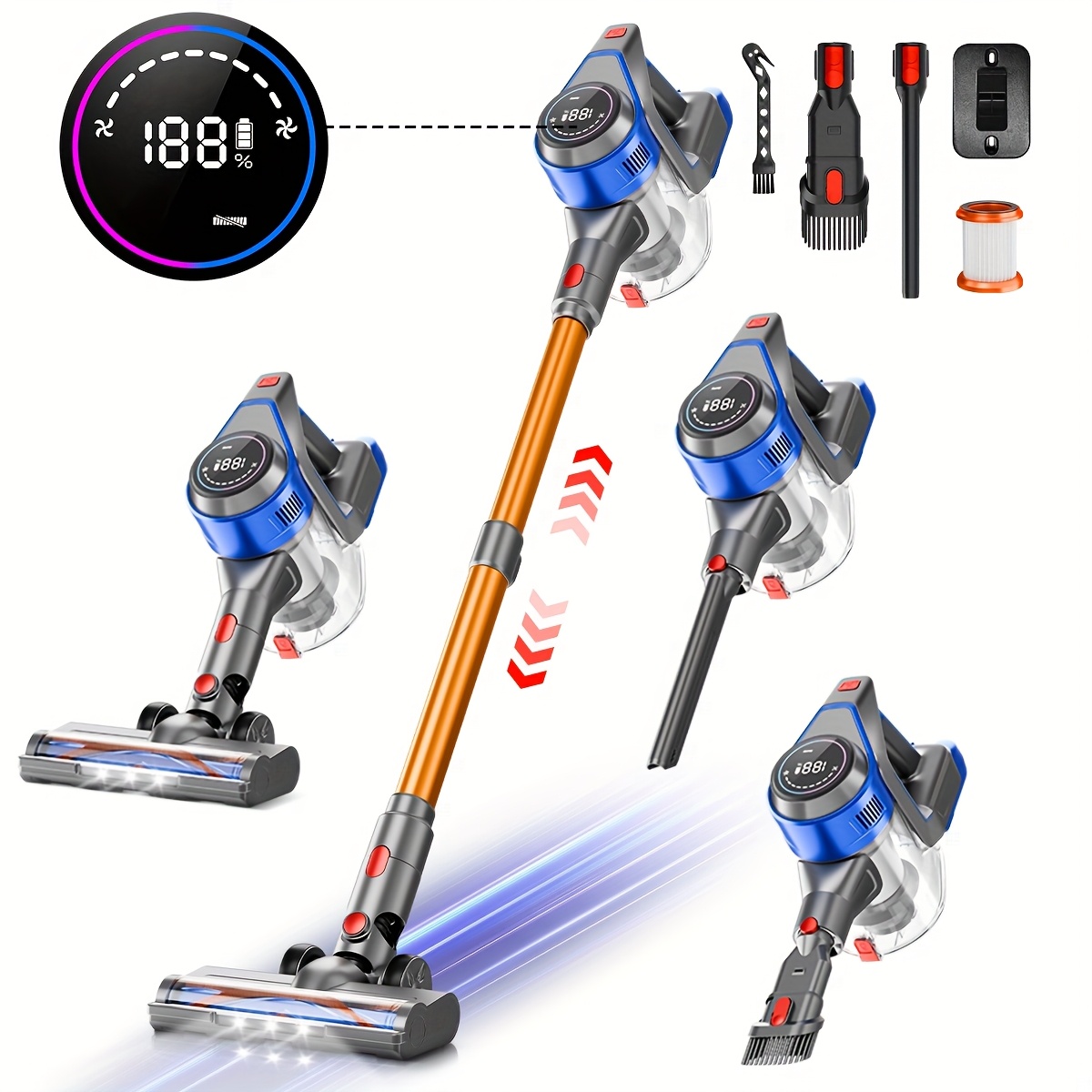 TEMU Powerful Vacuums With Rechargeable Battery Display, Cleaner - Lightweight, Max 45mins , 8in 1 Handheld Vacuum For & Carpets Pet Hair