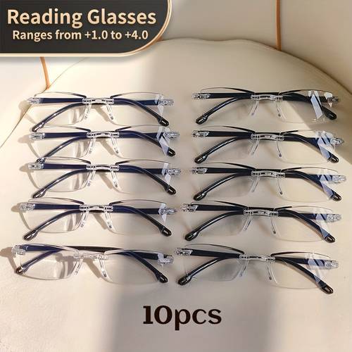 10 pairs unisex vintage frameless 1 0 to 4 0 magnification anti glare rectangular presbyopia with cleaning cloth for men women enhancement durable eyeglasses