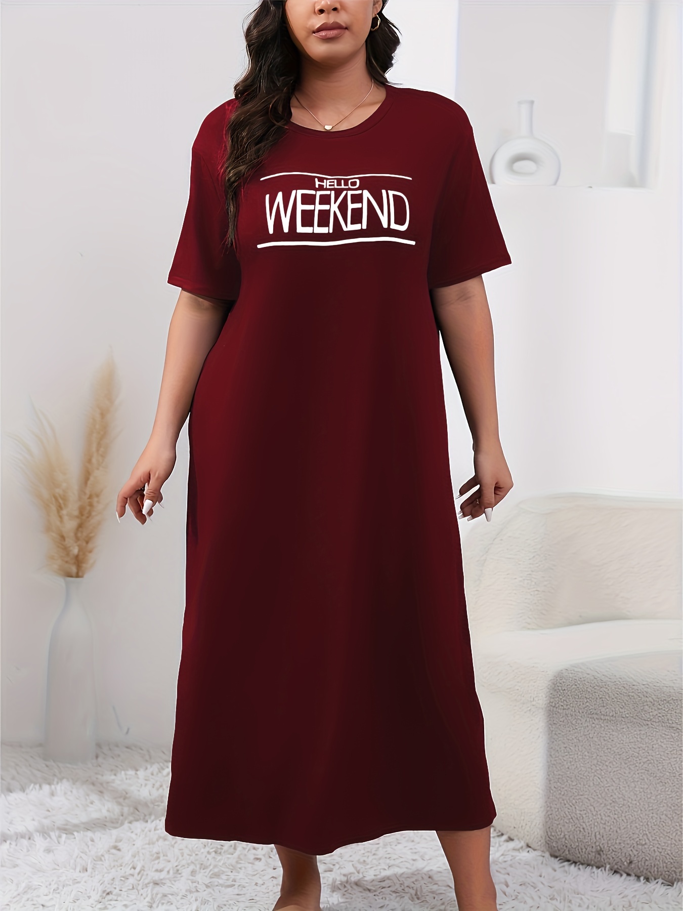 Women's Plus Casual Lounge Dress, Plus Size Slogan Print Short Sleeve Round Neck Sleep Dress