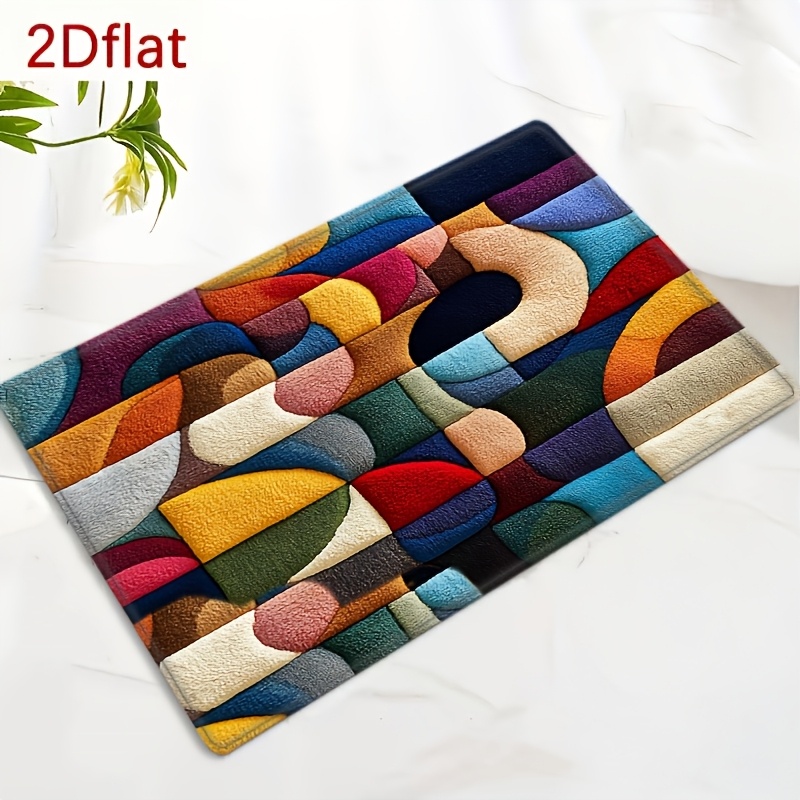 TEMU 1pc Alfombra de entrada antideslizante con diseño artístico abstracto de felpa estilo 2D, alfombra de baño de secado rápido, lavable a máquina -