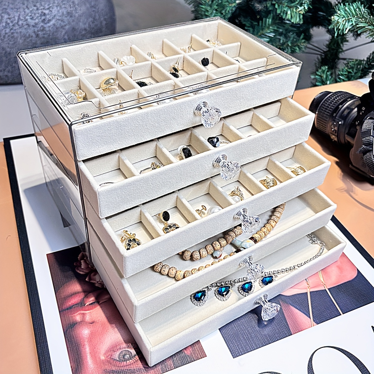   organizer box with beige gray elegant desktop storage case with clear lid multiple compartments slots for rings necklaces bracelets durable plastic construction for   boutique perfect gift for christmas valentines weddings no assembly needed home decor accessory stylish display polished   bridal accessories jewelry boxes Product details 0