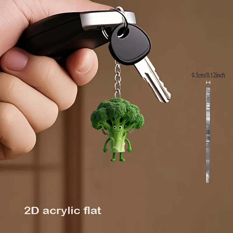 TEMU 2d Flat - 1pc Vibrant Acrylic Broccoli Keychain - Whimsical Green Design With White Stems & Yellow Flowers, Backpacks, Phones, Cars, And Home