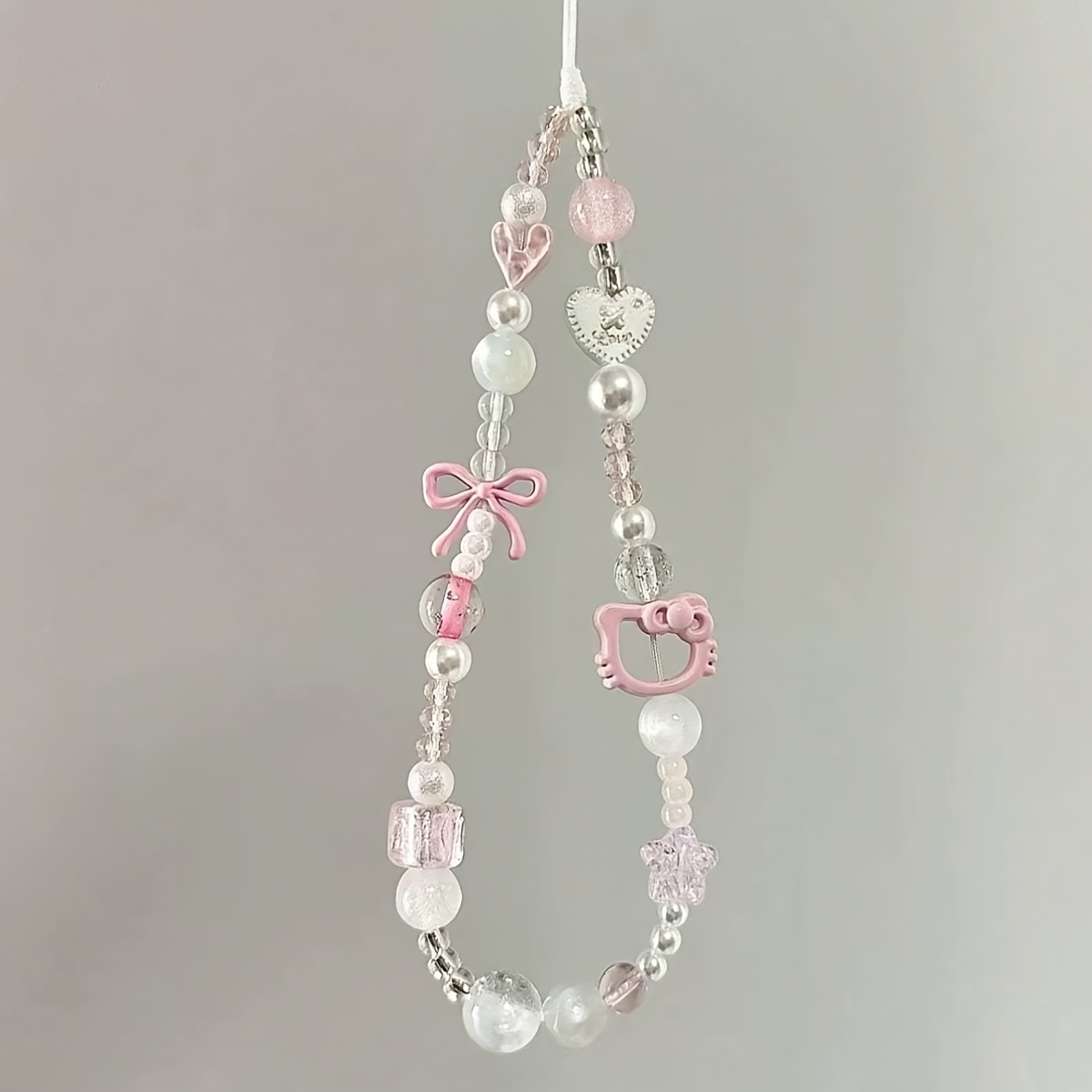 E-shop Sanrio for hello kitty Katze Handykette Schlüsselanhänger mit entzückendem rosa Perlen-Design und Herz-Anhängern aus langlebigem ABS-Harz, für