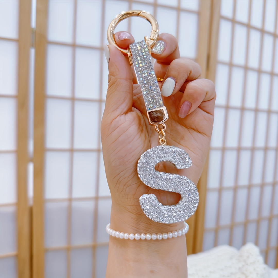 TEMU [popular ] 1pc Sparkling Rhinestone Alphabet Keychain, Alloy Round Letter Charm With Ring Buckle, Decorative Crystal Pendant Accessory For Men And Women, Ideal Birthday Gift