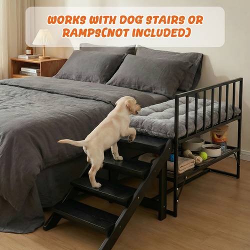 heavy duty adjustable dog bunk bed with storage shelf removable cushion space saving bed suitable for large dogs attaches to human beds height adjustable frame washable cushion heavy duty frame for bedrooms no assembly