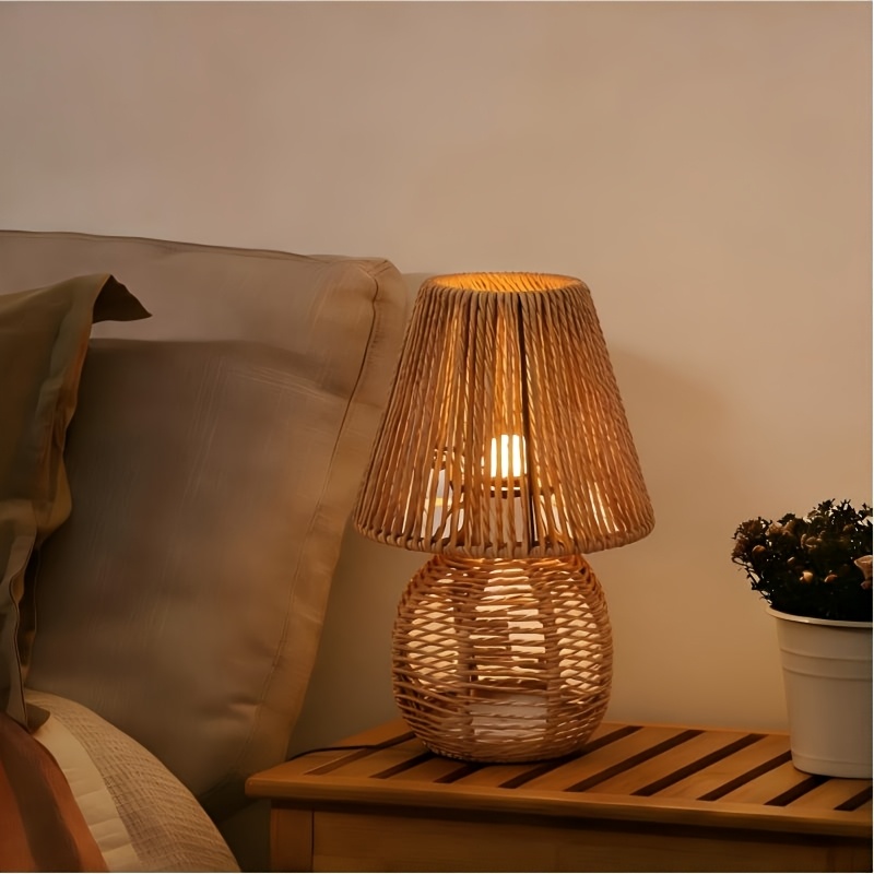 Creative Handmade Paper Rope Small Table Lamp, Modern Bedside Nightstand Lamp, Bedroom Living Room Small Table Lamp, Side Table Paper Rope Aesthetic Vintage Lamp with Three-Color Temperature Settings