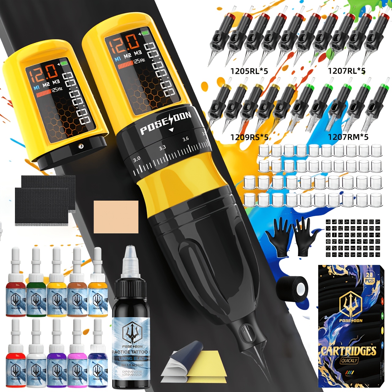 Image of Poseidon Complete Rotary Machine Kit With 2 Cordless Power Supplies, 20pcs Cartridge Needles Rl Rm, Practice Tattoo Ink For Fake Skin, Transfer Paper Tattoo Power Supply For Beginner Artists