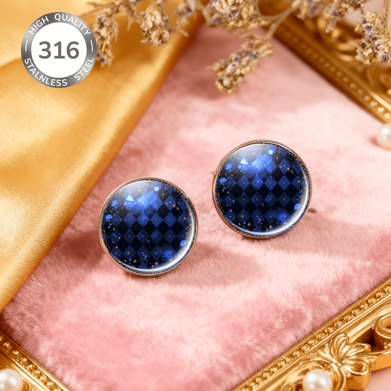 2pcs No-Drill Round Glass-faced Women's Earrings Set, Astronomical Design