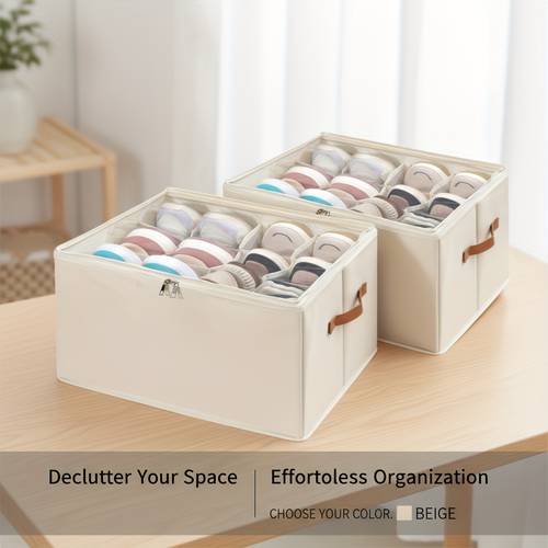2pcs space saving shoe storage box with clear lid stackable foldable organizer for shoes and cushions beige fabric design with handles closet or cabinet organization shoe storage organizer