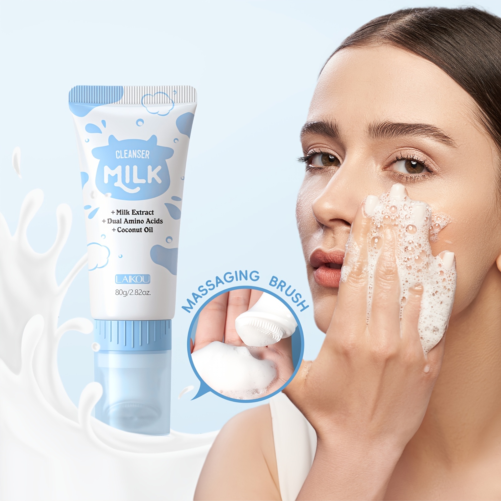 Laikou Milk Cleanser, With Massaging Brush, Facial Wash, Soft Foam, Daily Use