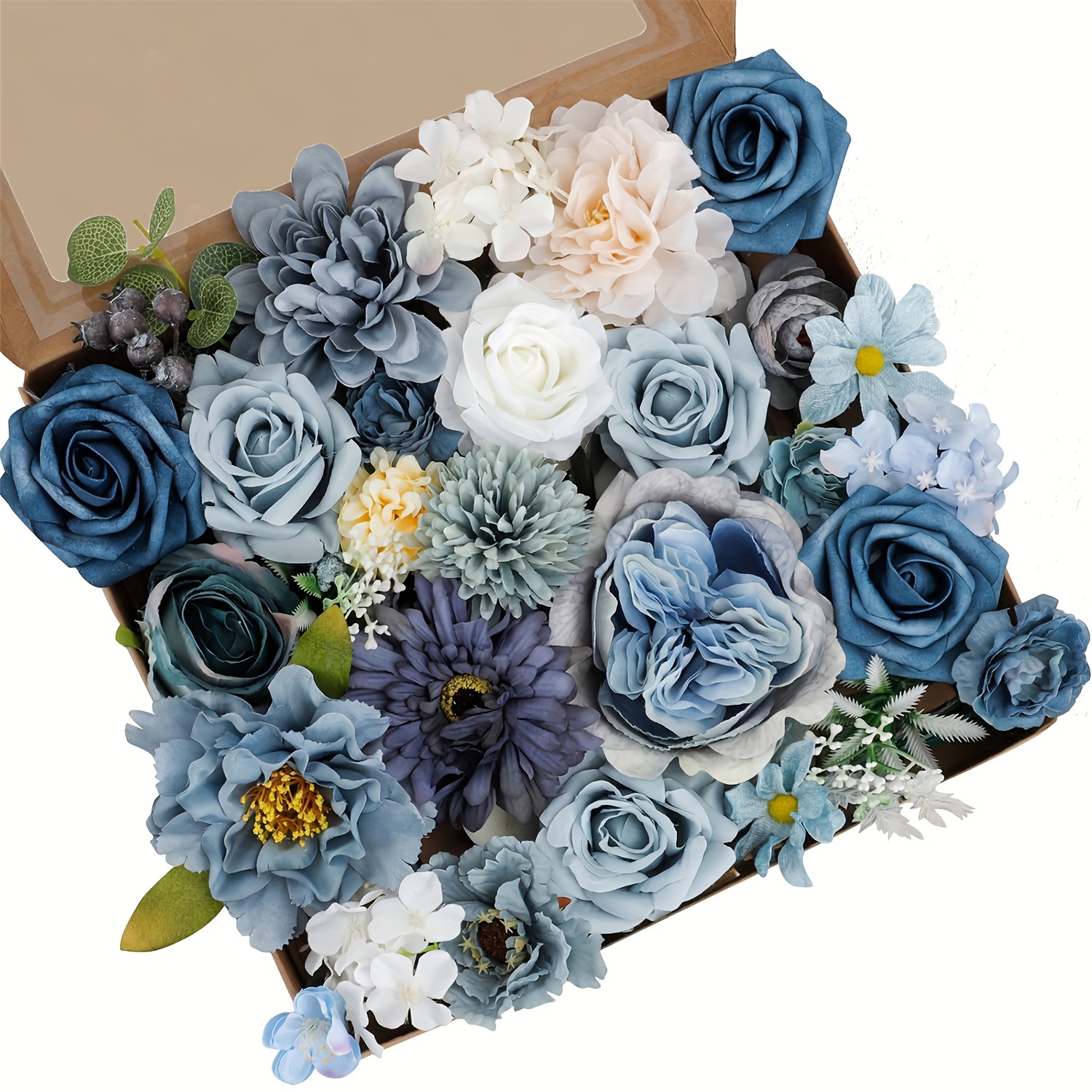 

1pc Artificial Flowers Combo Box Set, Dusty Blue Flowers Fake Wedding Flowers Bulk For Diy Wedding Bouquets Centerpieces Arrangements Bridal Shower Table Decorations