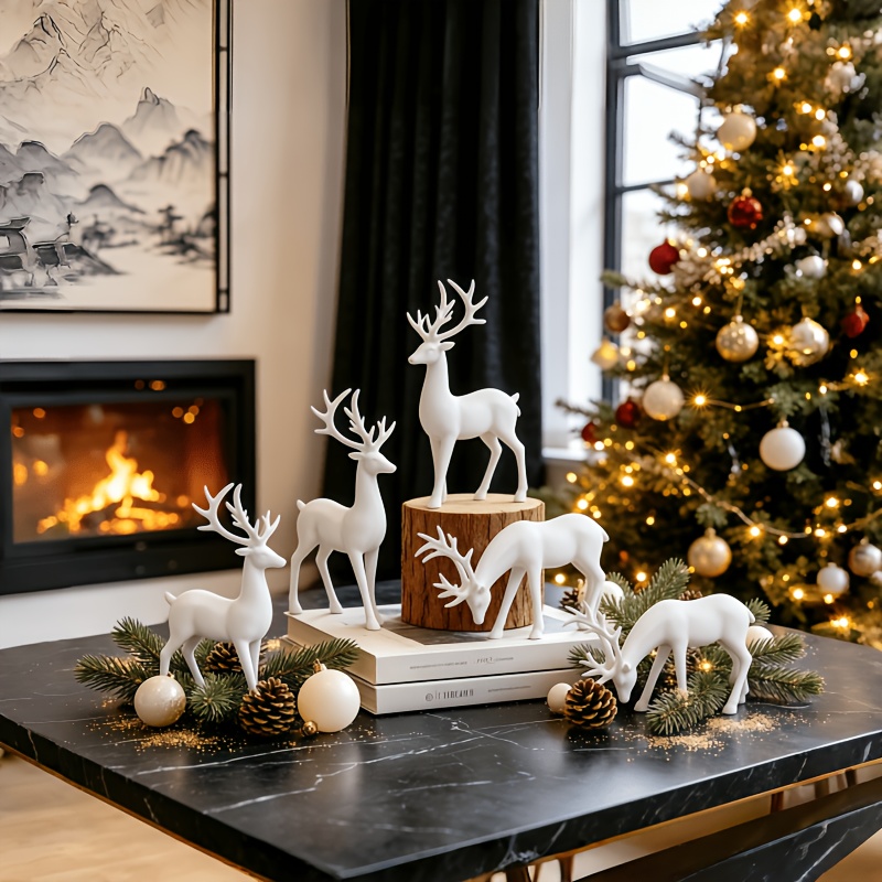 TEMU 5pcs Reindeer Ornament Set, Collectible, Figurine Deer Statue, Deer Family Set, Home Indoor Decor, Christmas Decoration, Landscape Ornament