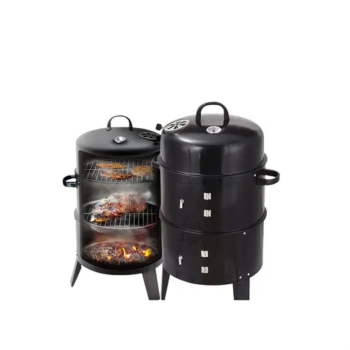 charcoal 3 in 1 outdoor portable charcoal grill with smoking combo built in thermometer and vents 2 tier vertical steel charcoal for outdoor cooking camping black