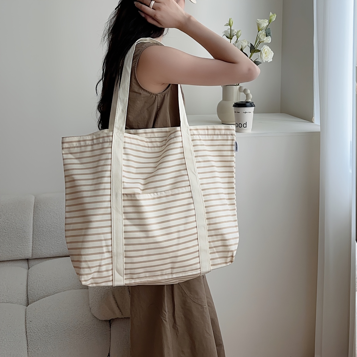 New Stylish And Versatile Large Capacity Striped Tote Bag, Popular Canvas Bag For Casual , Perfect For Women