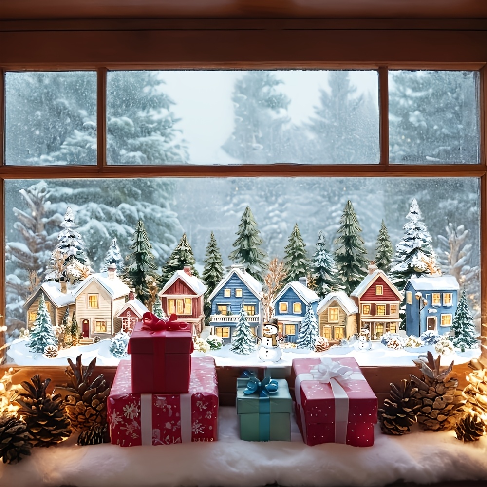 Image of Winter Town Flat Glass Sticker, Christmas Atmosphere Village Elements Static Window Cling, Living Room Bedroom Floor Window Ambiance Translucent Decorative Sticker, Beautiful Sticker