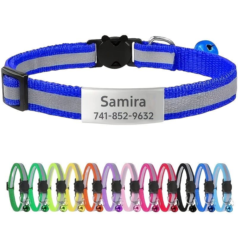 TEMU Collar de seguridad reflectante personalizado para gato con - Collar de hebilla ajustable para , de mascota y número de teléfono personalizados,