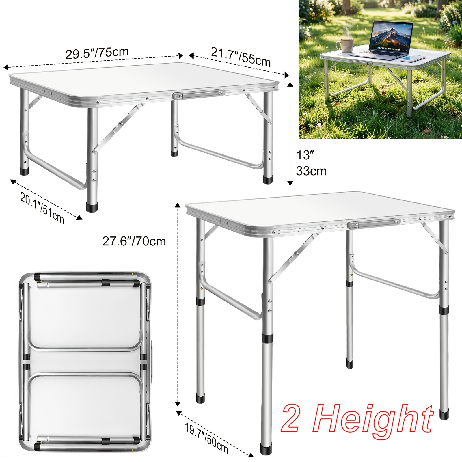 Zložljiva stojalo miza - Zložljiva piknik miza z nastavljivimi nogami, 2 možnosti višine (33 cm/70 cm), aluminijasti okvir, idealna za