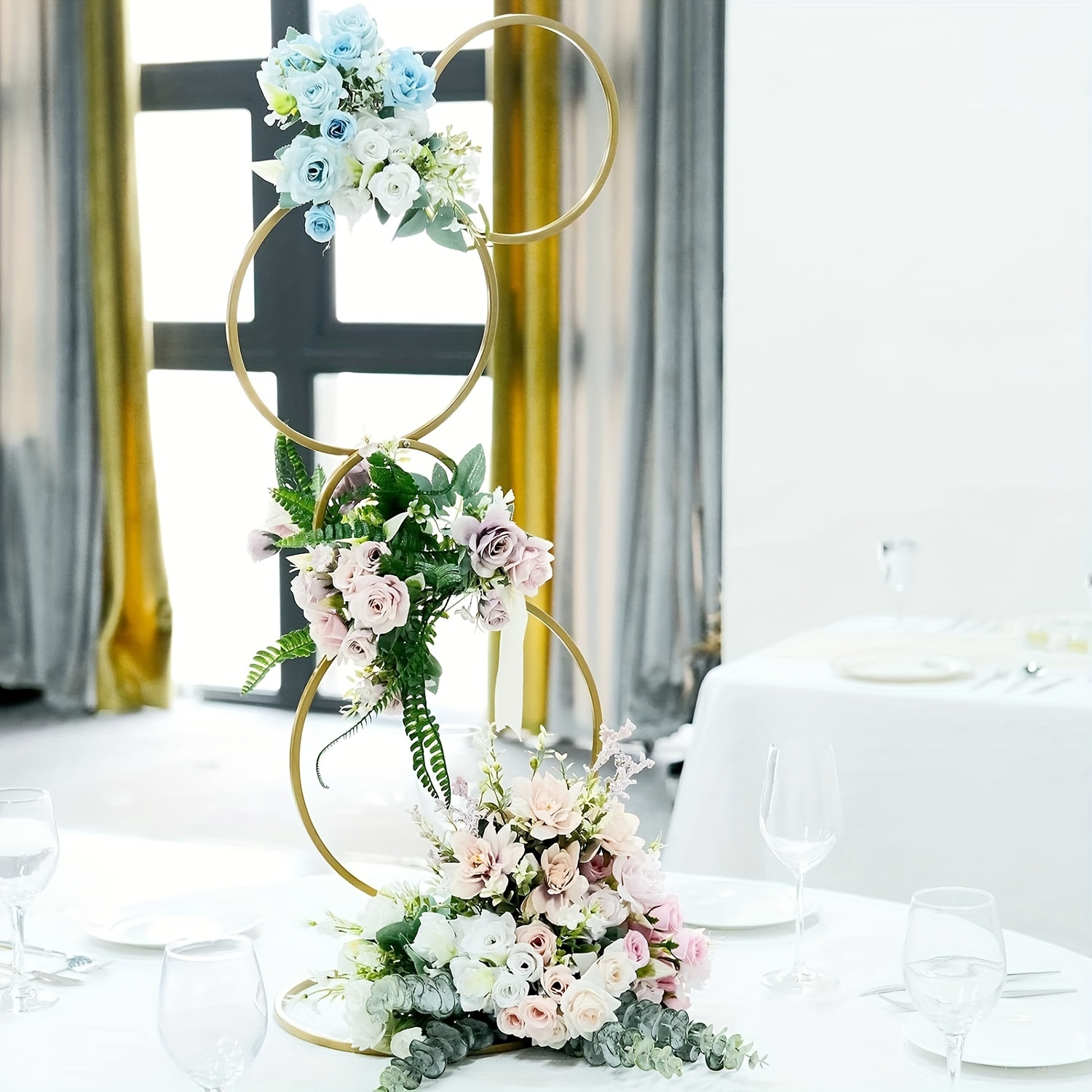 

1pc, 33.4in 4-tier Golden Metal Hoop Pillar Flower Stand, Wreath Wedding Arch Table Centerpiece, Wedding Decor, Wedding Supplies