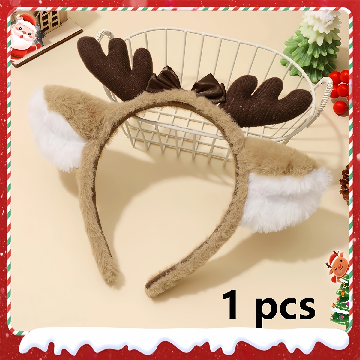 TEMU 1 Christmas- Luxury Three-dimensional Soft Plush Golden-threaded Shimmering Fabric Reindeer Antler White Ear Headband For Women, Christmas And