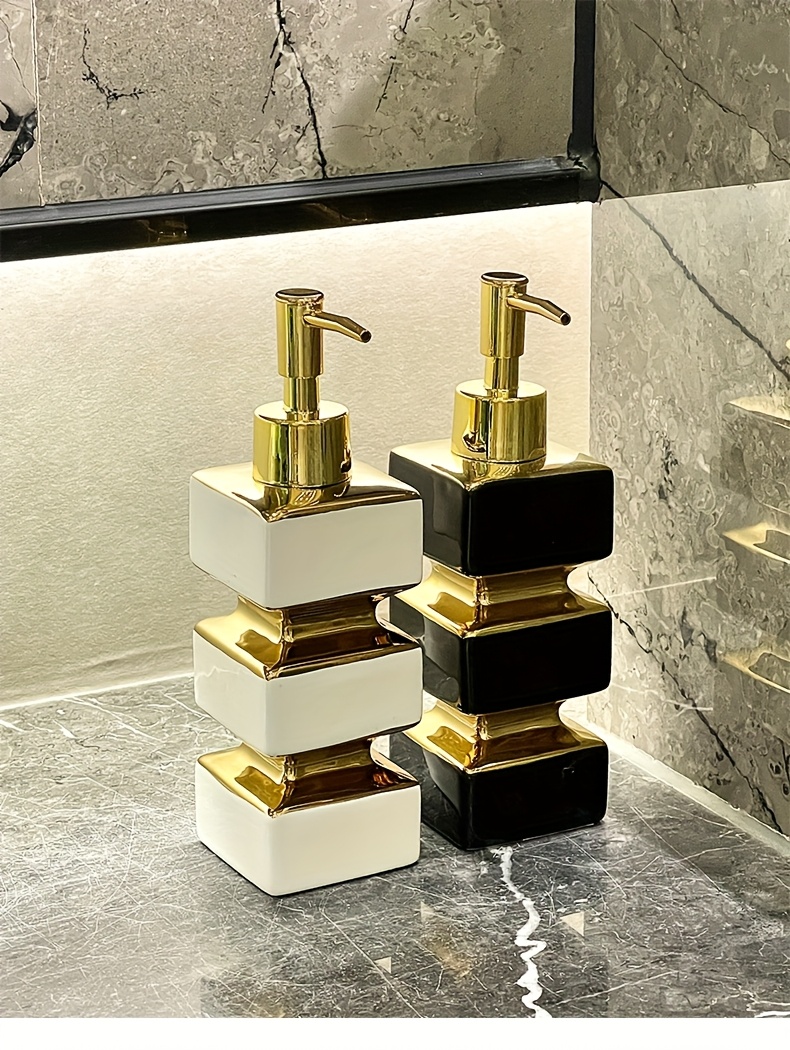 Bathroom Organization And Storage Supplies, Creative Unique Ceramic Mirror Black And White Soap Dispenser, Hotel Washstand Liquid Dispensing Bottle, Pump-Type Empty Bottle, Reusable Shampoo, Shower Gel, Square Tower Lotion Bottle