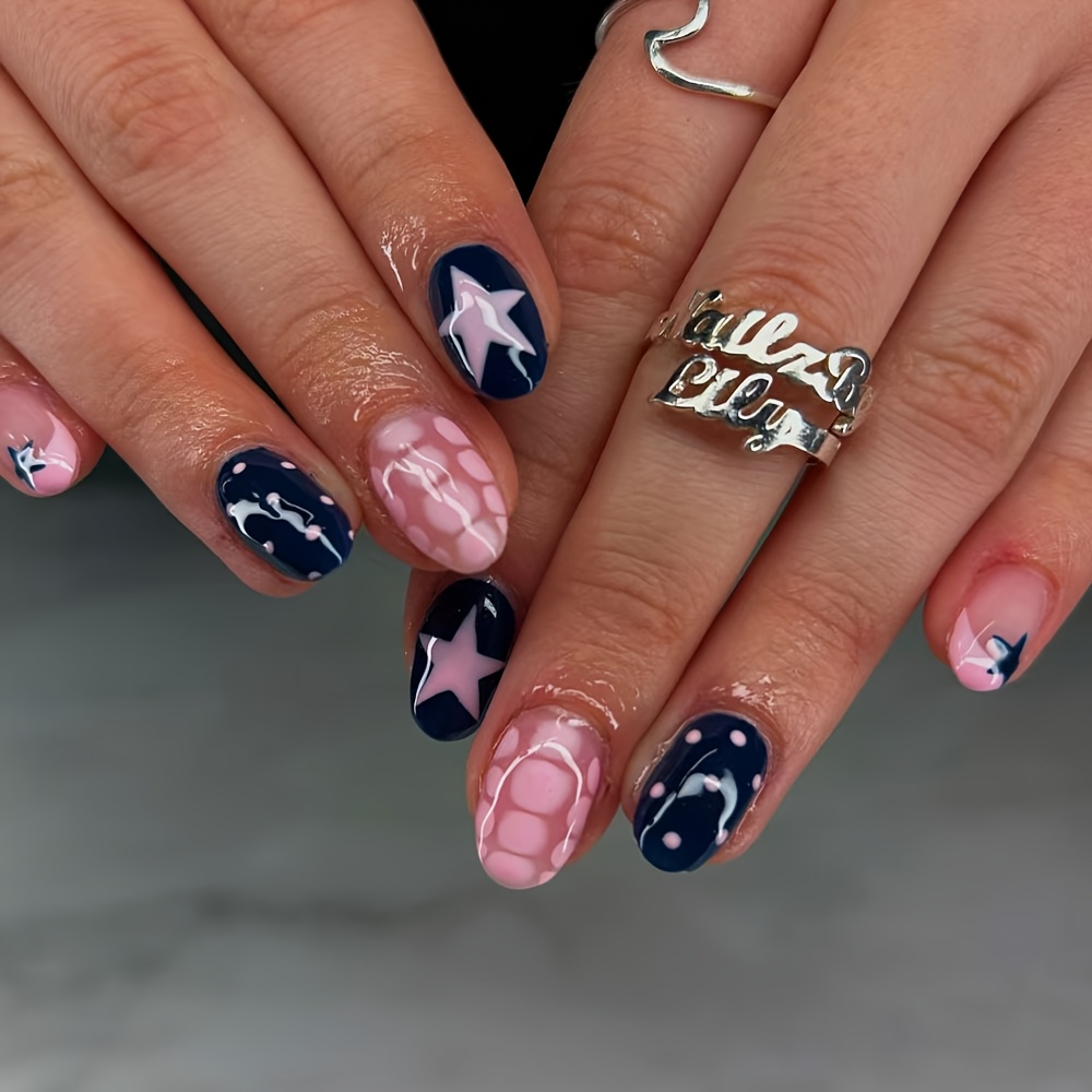 TEMU 24pcs Short Almond Dark Pink Mixed Press-on Nails, Featuring Star, Polka Dot, And Snake Patterns, Exuding A Sweet, Cool, And Spicy Vibe With A