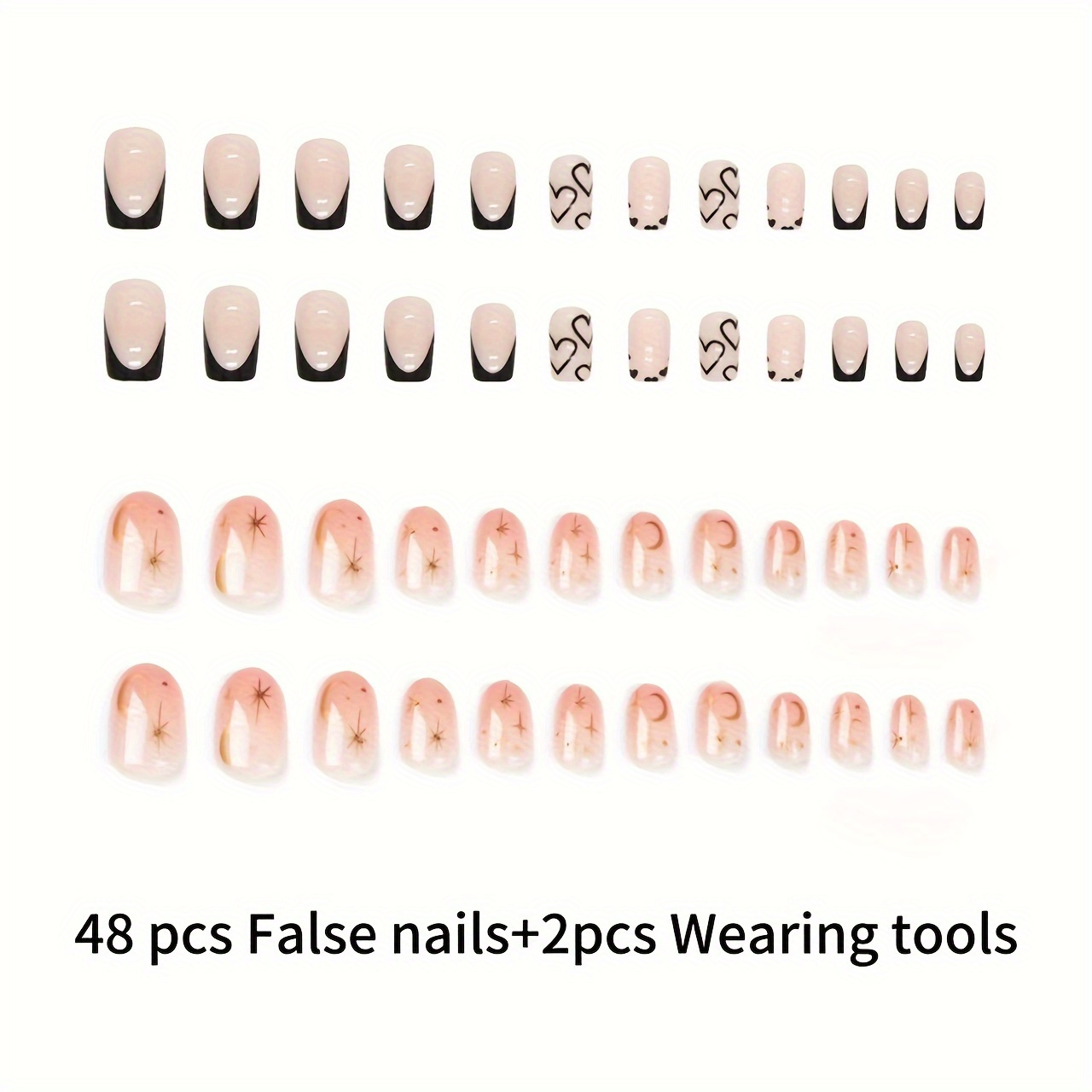 48pcs set nude pinkish gradient medium oval shaped press on nails with moon and star pattern design glossy medium square shape black french fake nails decorated with heart pattern glossy acrylic nails for women girls 24pcs jelly tabs included details 2