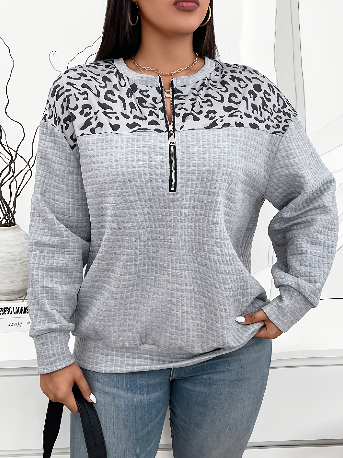 Sweat à demi-zippeur imprimé léopard Sweat à demi-zippeur imprimé léopard pour femmes grande taille, style européen et américain