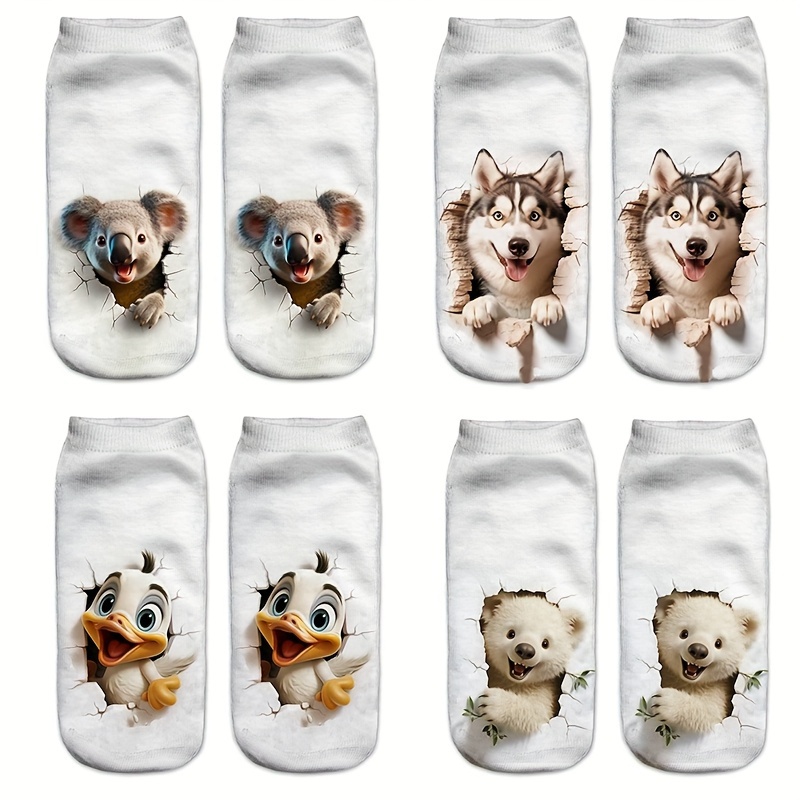 

4pcs Fun Koala & Dog 3d Print Ankle Socks For Women - Breathable Polyester, Machine Washable