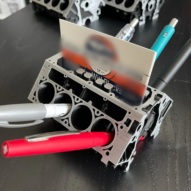 

Unique Engine Block Desk Organizer - Business Card & Pen Holder, Perfect Gift For Car Enthusiasts And Mechanics, Lightweight Resin Construction