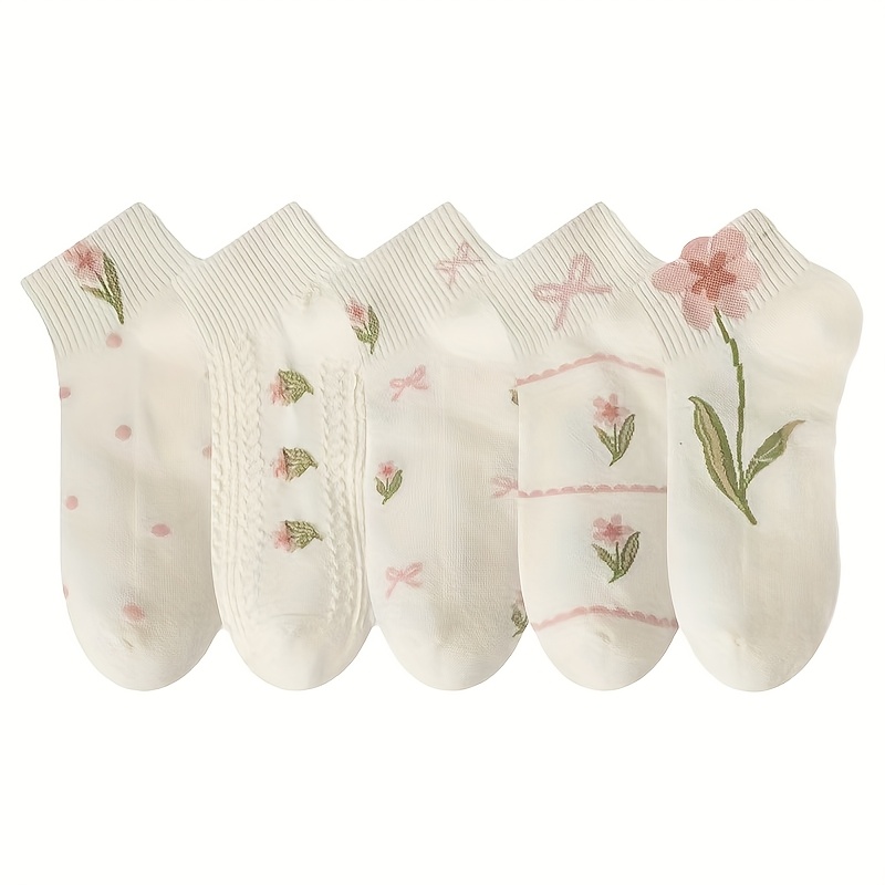 E-shop 5 Paar Damen Knöchelsocken mit Blumenmuster, Stoff, Handwäsche, 440GSM, Kurze -Länge, Süßes Blumenmuster