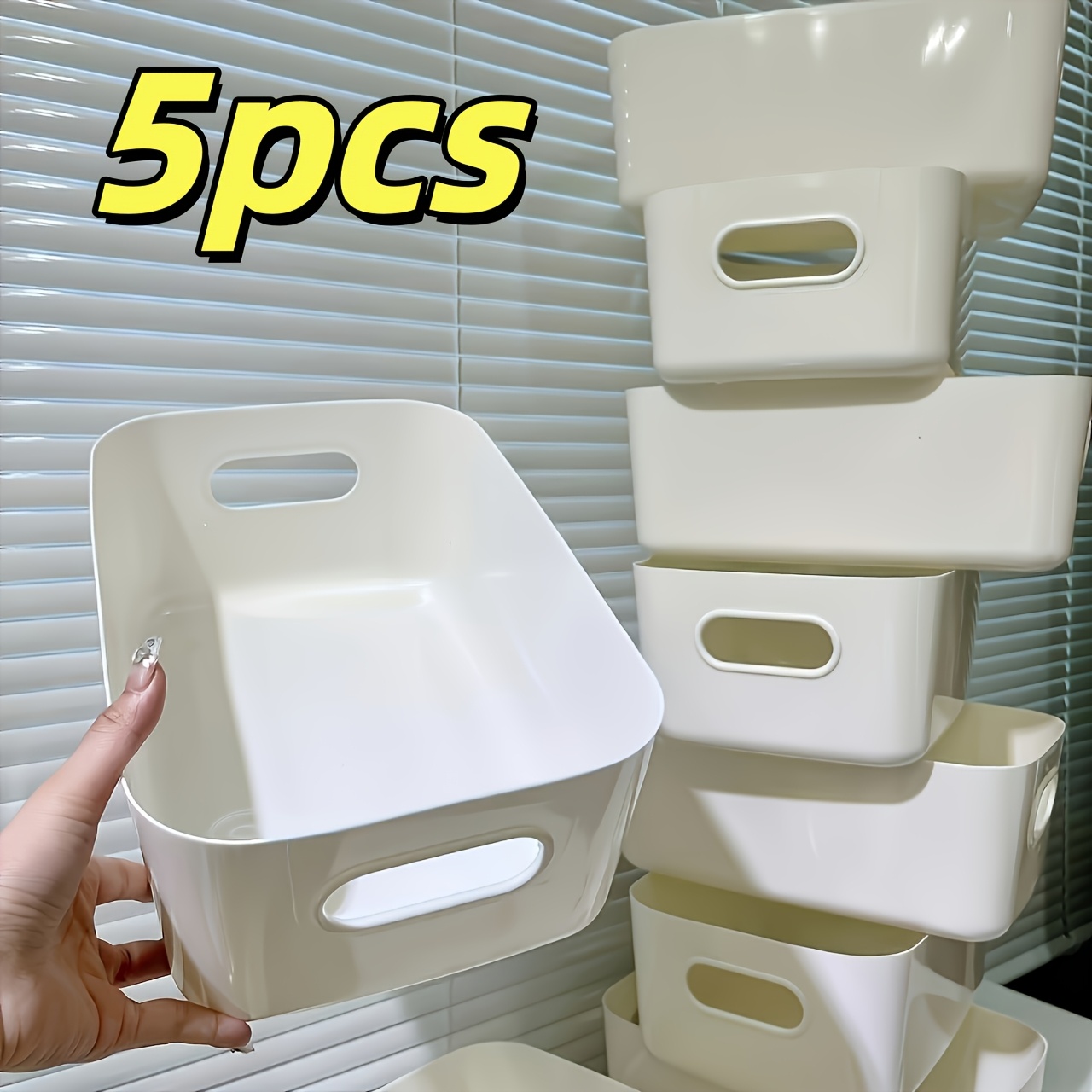 TEMU Confezione da 5 Scatole Portatili da Scrivania Bianche con Maniglie, Organizzatori Multiuso Impilabili in Plastica per Bagno, Cucina, Dormitorio