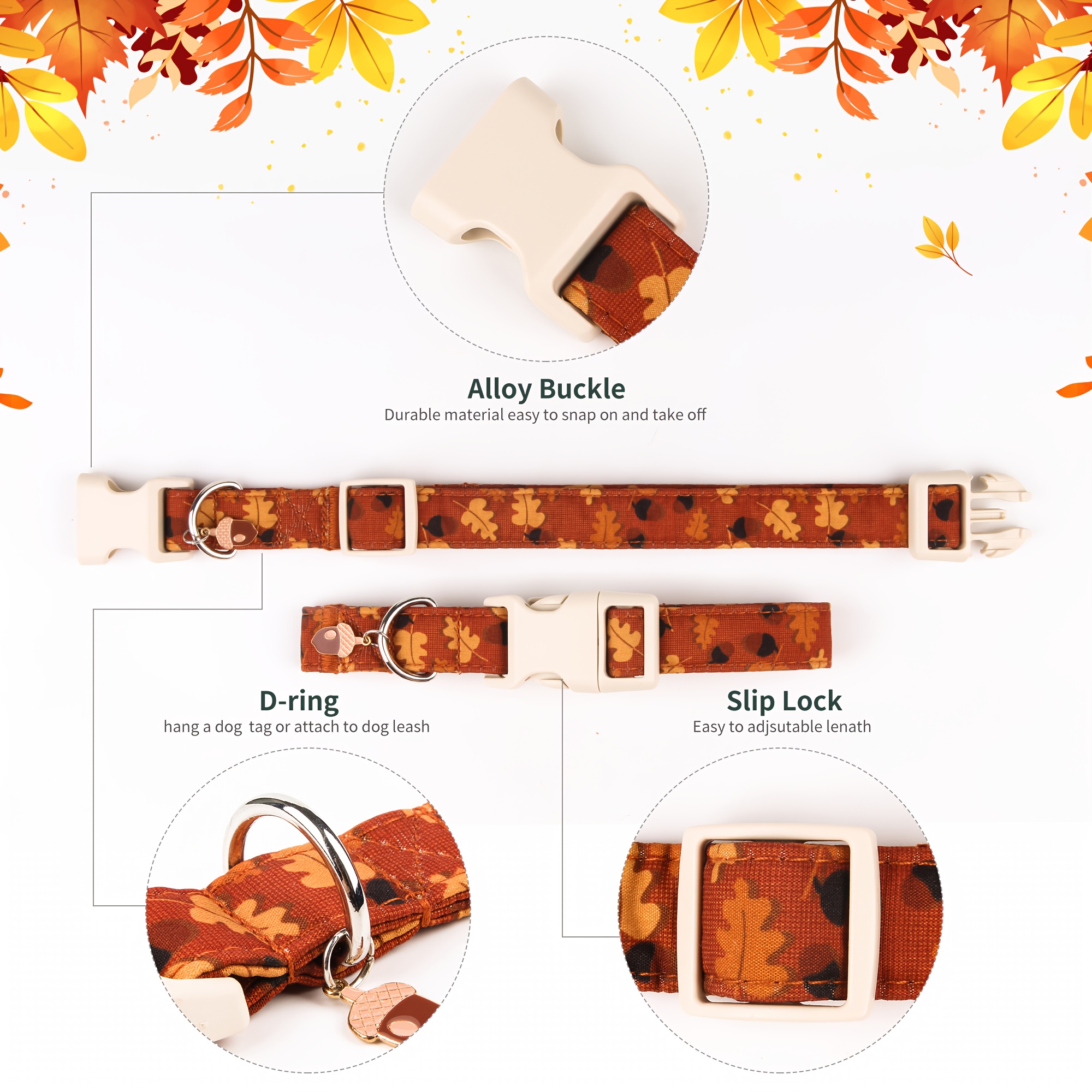 TEMU 1pc Warm Fall Dog Collar Compatible For All Dog Sizes - Warm Autumn Colors (orange/yellow/brown) With Pendant, Quick-release & Rustproof Alloy