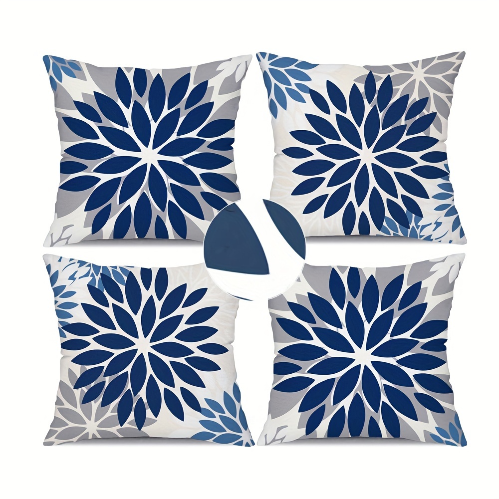 

Blue Grey Flower Pillow Covers, 18x18 Inch 4pcs White Blue Colored Throw Pillows Outdoor Waterproof Decor For Living Room Sofa Patio Garden Floral Linen Cushion Case