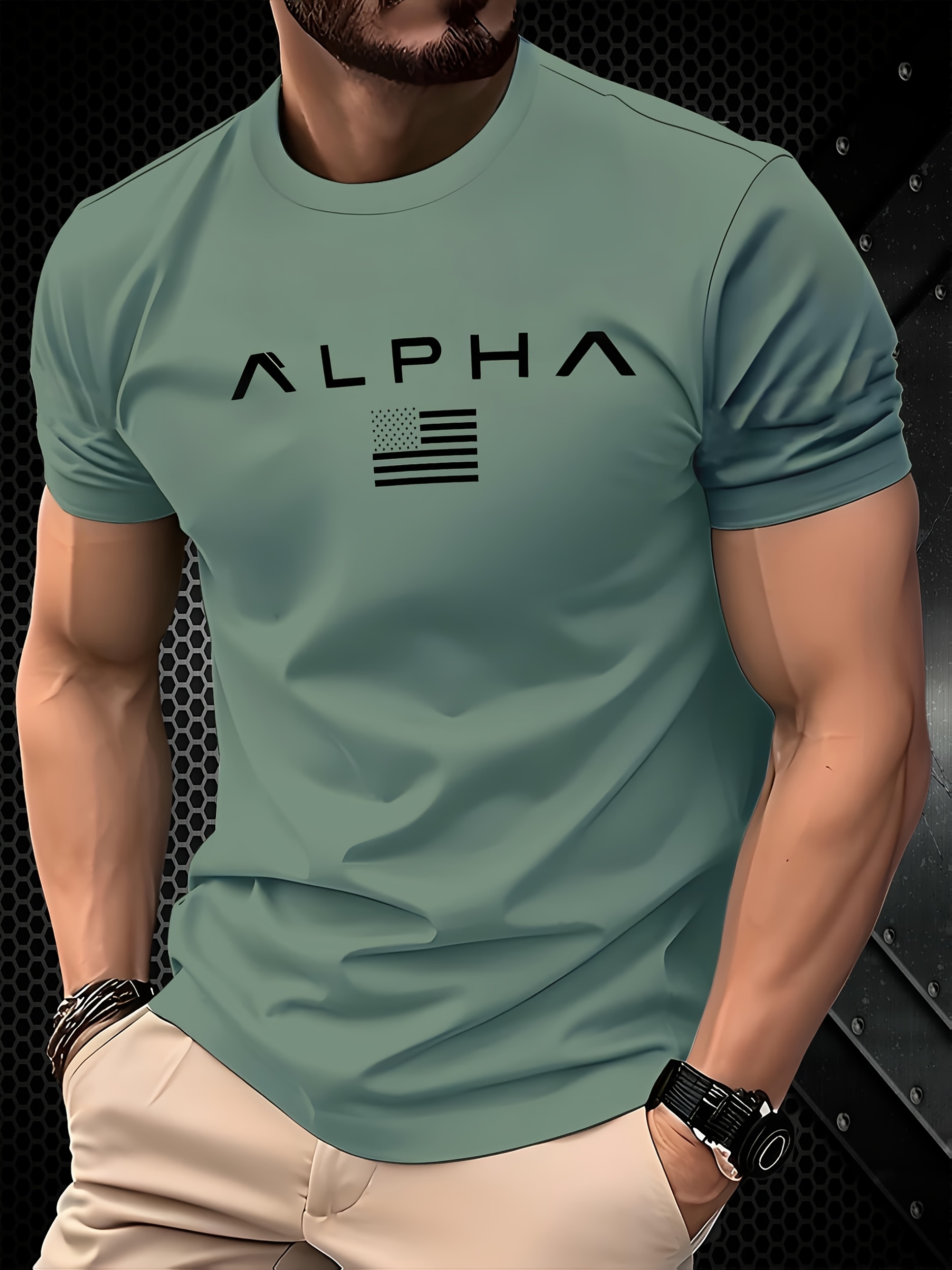 Men's Alpha American Flag Graphic Print T-Shirt - Breathable 100% Polyester Casual Short Sleeve Tee, Regular Fit Round Neck Summer Top for Casual Attire, Bold Letter Design, Smooth Texture Fabric