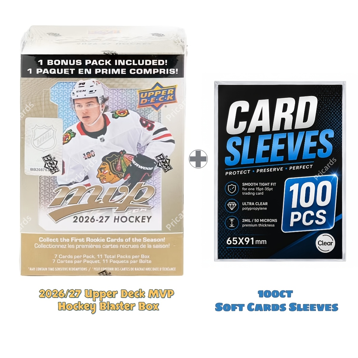 TEMU Boîte Blaster MVP Hockey Upper Deck 2026/27 (1 Pack Bonus Exclusif Golden Script) + 100 pochettes souples pour cartes