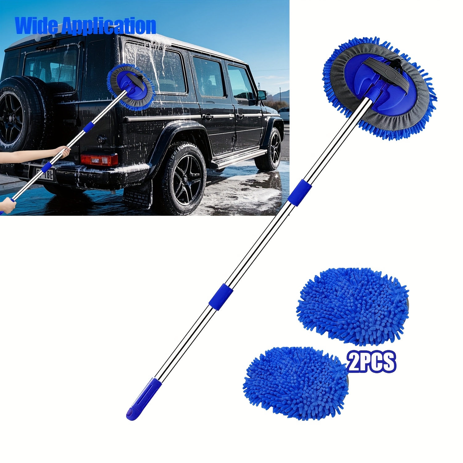 Image of 48" Car Wash Brush Mop Cleaning Tool With Long Handle Kit For Washing Detailing Cars Truck, Suv, Rv, Trailer, Boat 2in 1 Chenille Microfiber Sponge Duster Not Hurt Paint