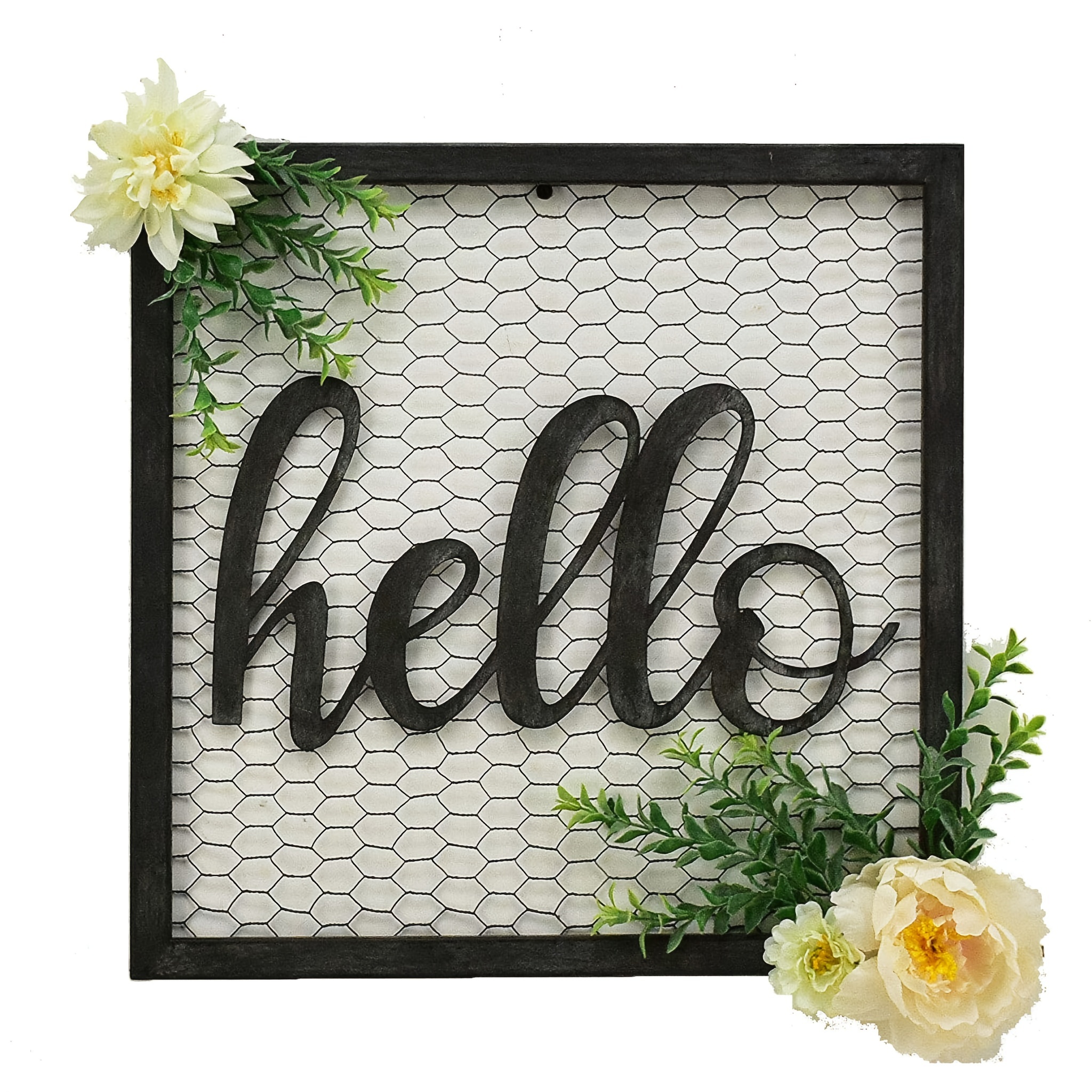 

1pc Rustic Wooden Frame "hello" Sign With Faux Greenery, 15.7 X 15.7 Inches, 3d Metal Lettering, Farmhouse Wall Decor With Rope For Home & Outdoor Use
