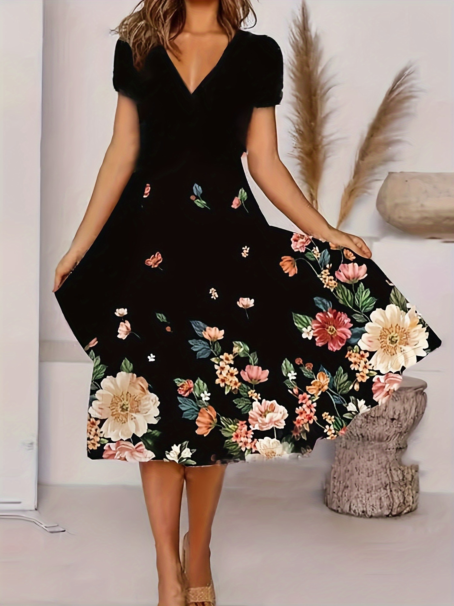 floral print v neck dress vacation short sleeve dress for summer spring womens clothing black 0