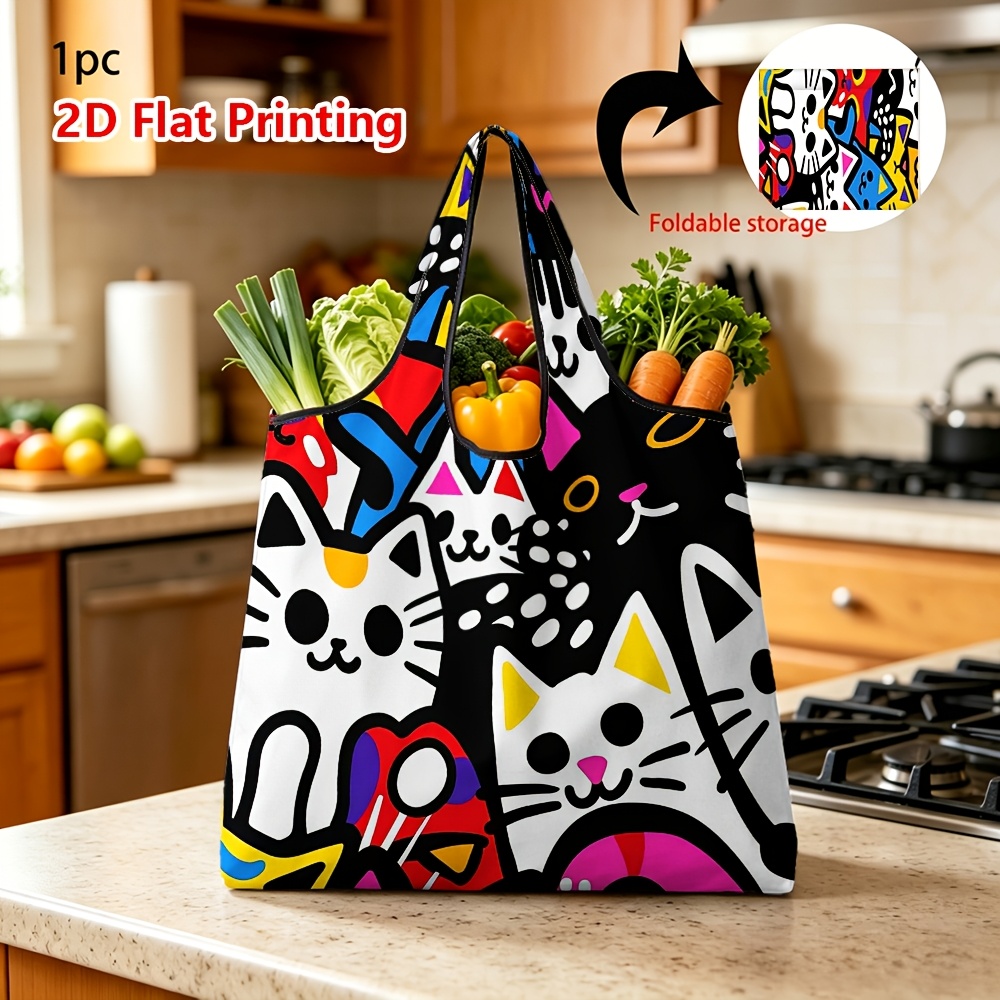 TEMU Printed Design - Not Textured, 1pc Reusable Grocery Bags Colorful Graffiti Cartoon Cat Print Foldable Shopping Bag Suitable For Daily Shopping