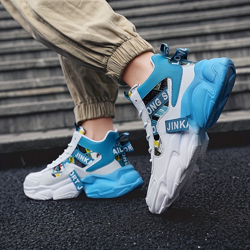 Zapatillas casuales de caña alta para hombre con patrón aleatorio, ajuste universal, cierre de cordones, uso para todas las estaciones, punta redonda, suela de PVC, plantilla de tela y parte superior de imitación.