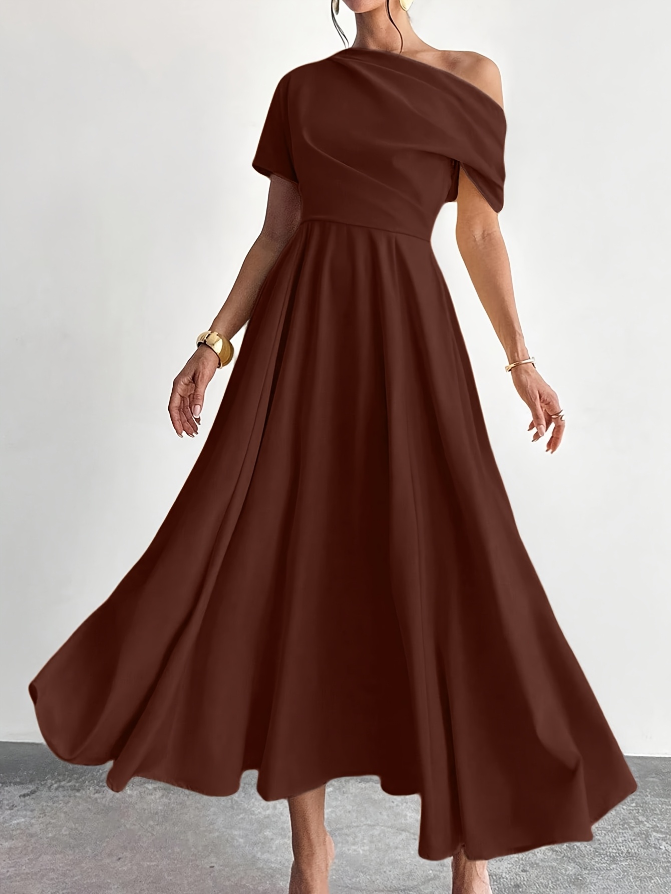 slim fit dress slacks A-Line Tea Length Brown Prom Dresses, Off Shoulder Brown Formal Dress with Beading US 8 / Brown