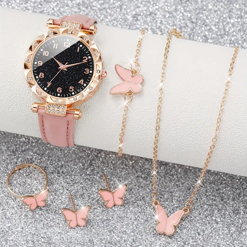 6pcs set womens shiny rhinestone quartz watch analog pu leather wrist watch butterfly jewelry set gift for mom her details 2