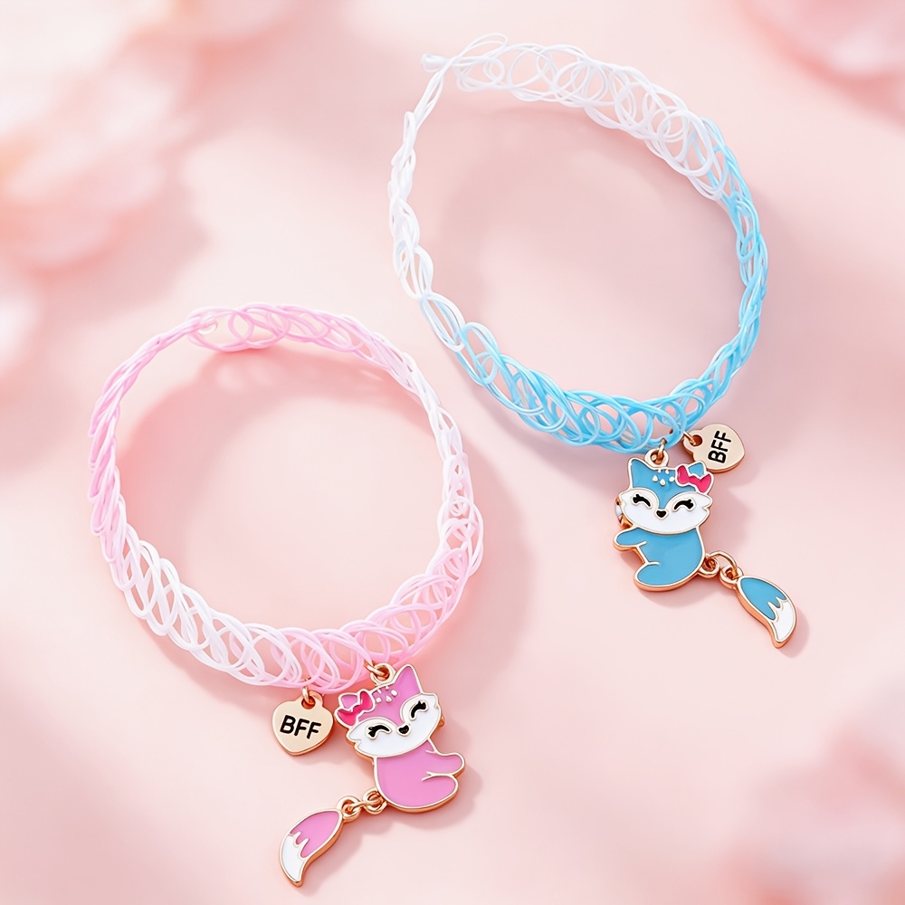 TEMU Juego de 2 collares de gargantilla de BFF con colgante de zorro adorable azul y rosa y móvil, accesorios de moda novedosos y exquisitos para