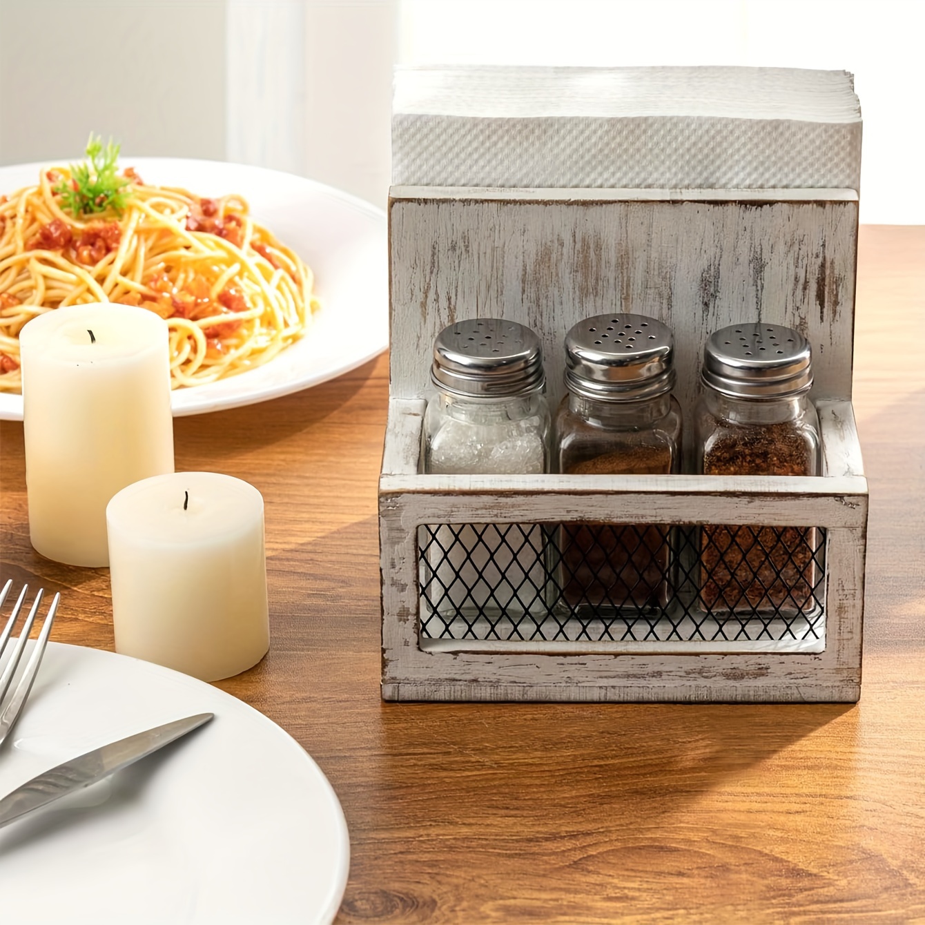 

Napkin Holder, Farmhouse Multifunctional Napkin Holder With Salt And Pepper Shakers Holder For Home And Commercial Use, Rustic Washed Wood & Diamond Metal Wire Mesh