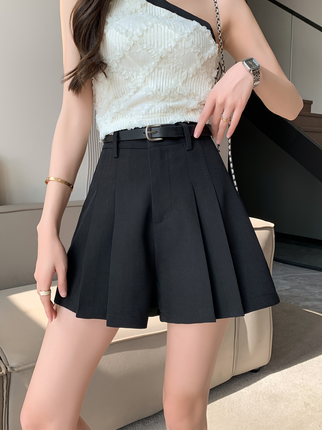 womens black pleated skirt shorts in office Temu