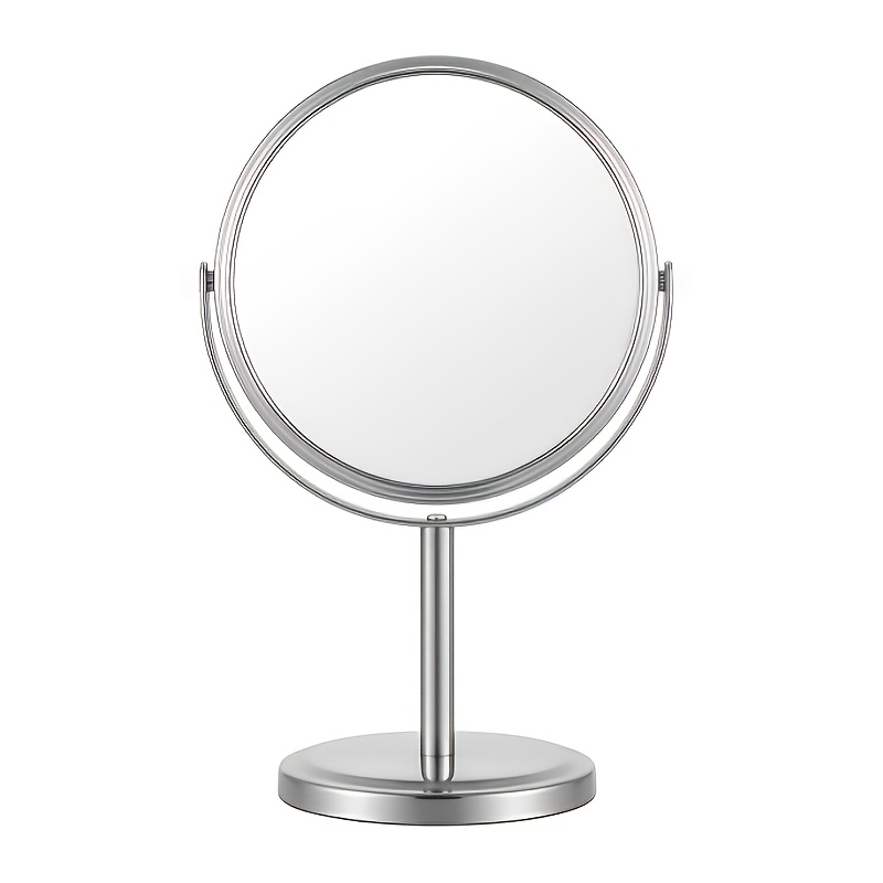 TEMU Double-sided Makeup Mirror With 3x Magnification For Precise Makeup Detailing. Features 360Â° Free Rotation, A Sturdy Stand, And A Chrome Silvery