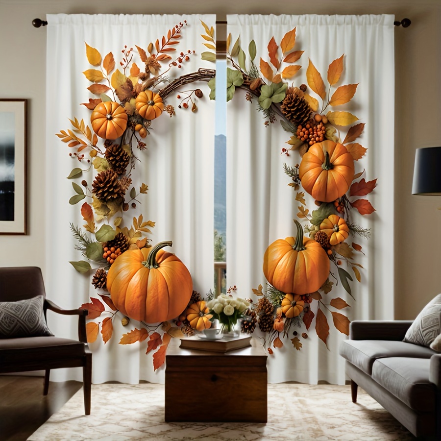 

Thanksgiving Pumpkin Berry Maple Leaf Wreath Print Decor Panels - Classic Style, Machine Washable, Twill Weave Flannel, Semi-sheer, Rod Pocket Drape For Bedroom, All-season, Polyester, Set Of 2