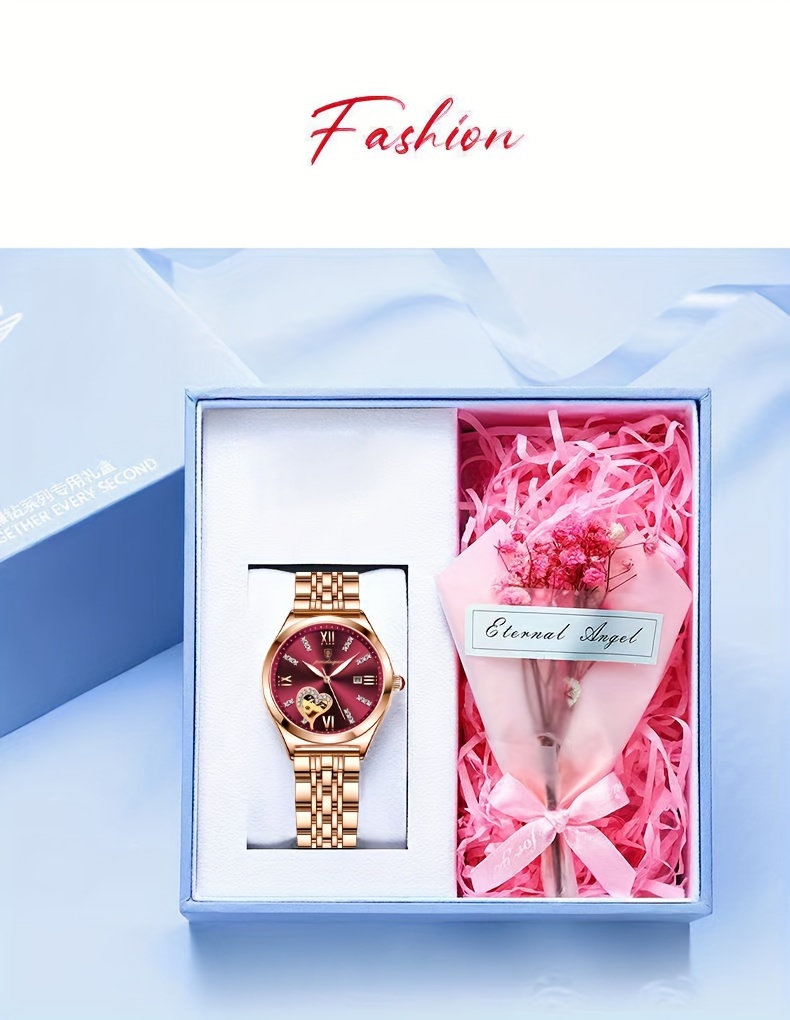 POEDAGAR Elegant Women's Quartz Watch - Rose Golden-Tone Stainless Steel, Luminous Hands & Calendar,, Date Display with Heart Detail