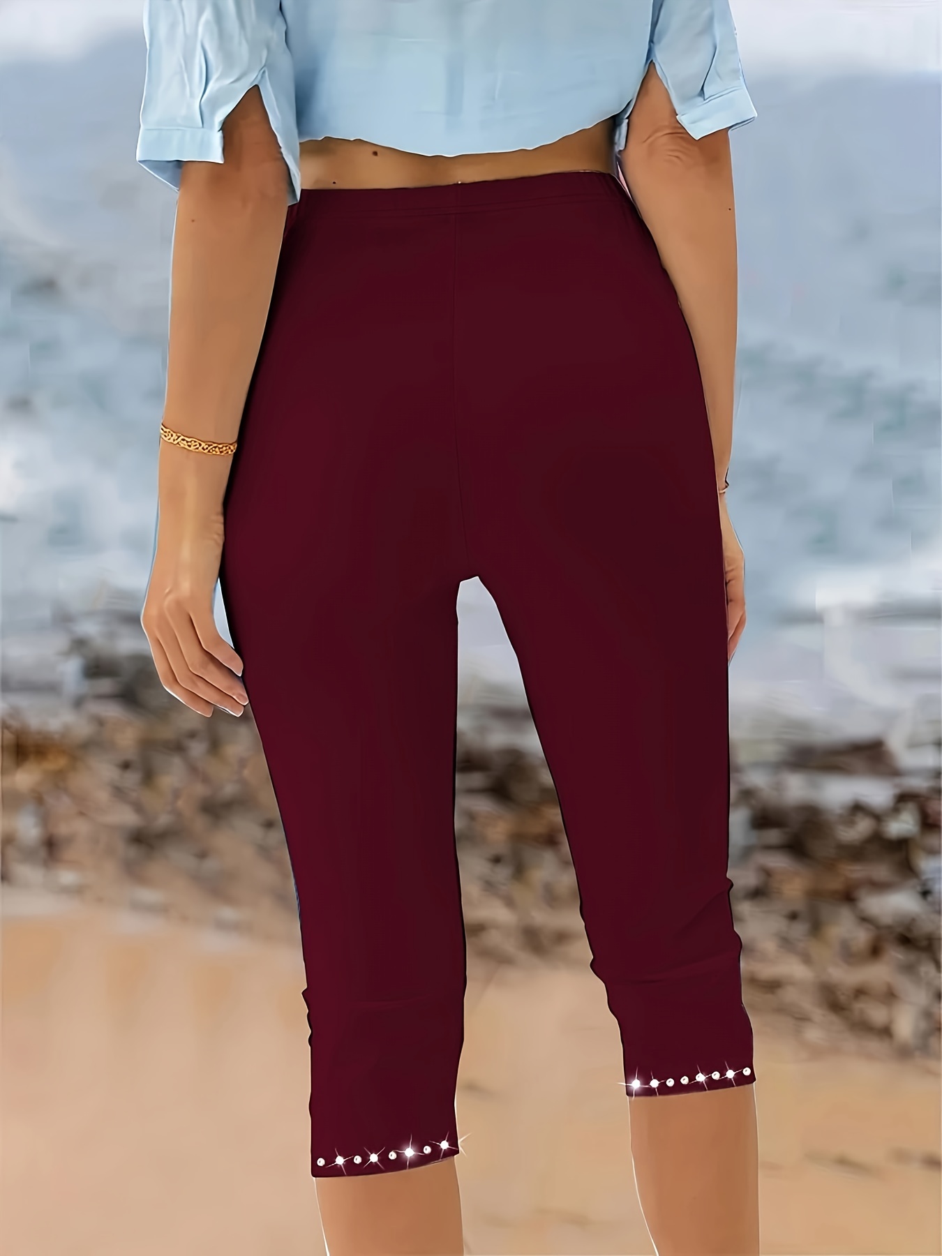 Plus Size Rhinestone Decor Capri Leggings, Casual High Waist Stretchy Leggings For Spring & Summer, Women's Plus Size Clothing