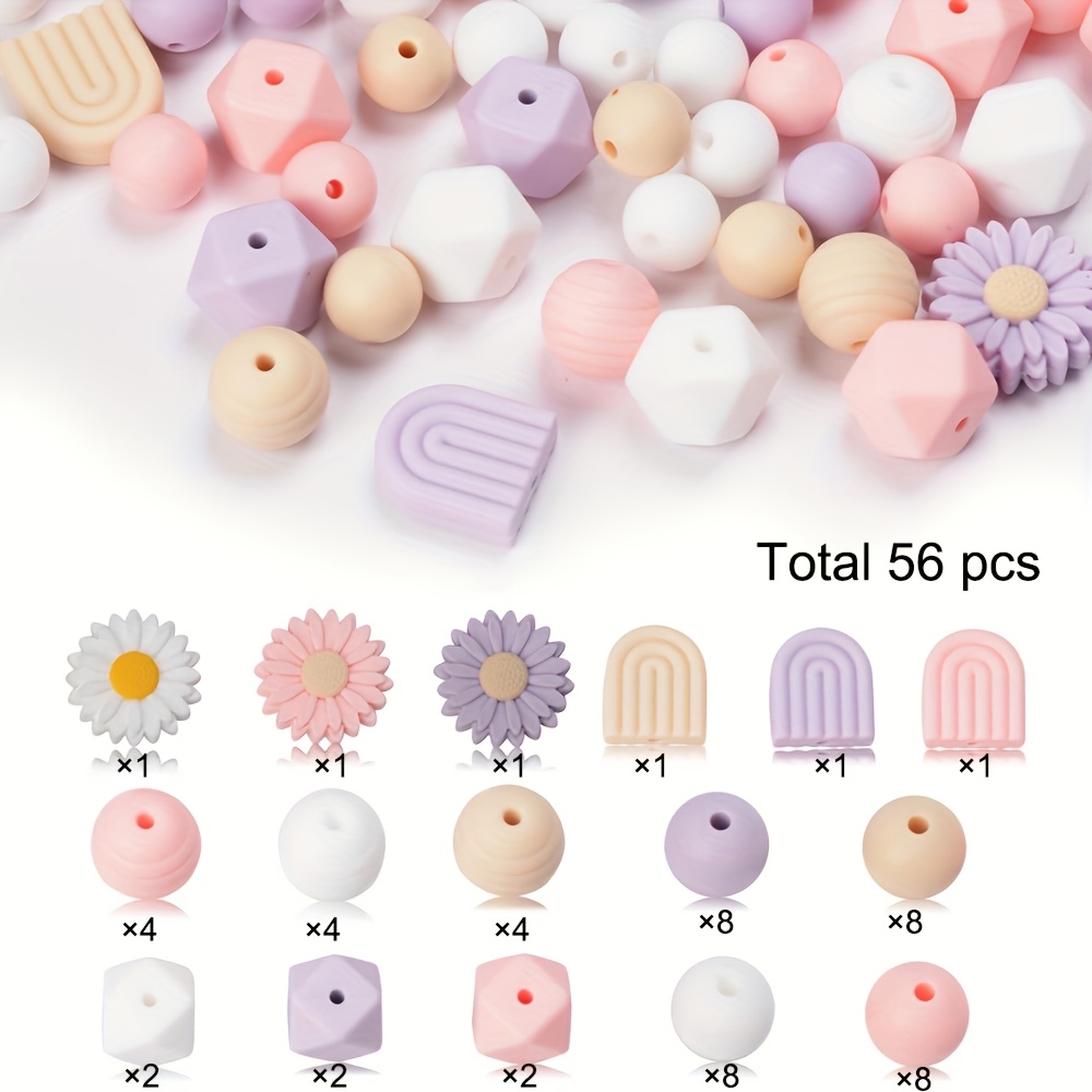 Image of 56pcs Silicone Beads, Sunflower Flower Daisy Silicone Beads, , 15/12mm Round Silicone Bead Combinations, Suitable For Handicrafts, Bracelets, Necklaces, And Jewelry Making, Beads & Bead Assortments